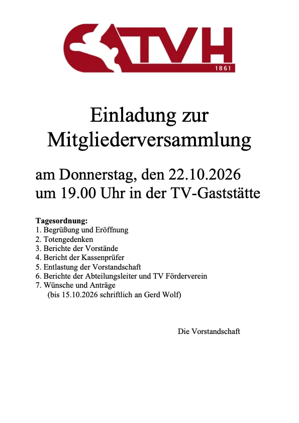 Einladung zur Mitgliederversammlung am 22.10.2026 um 19 Uhr in der TV-Gaststätte