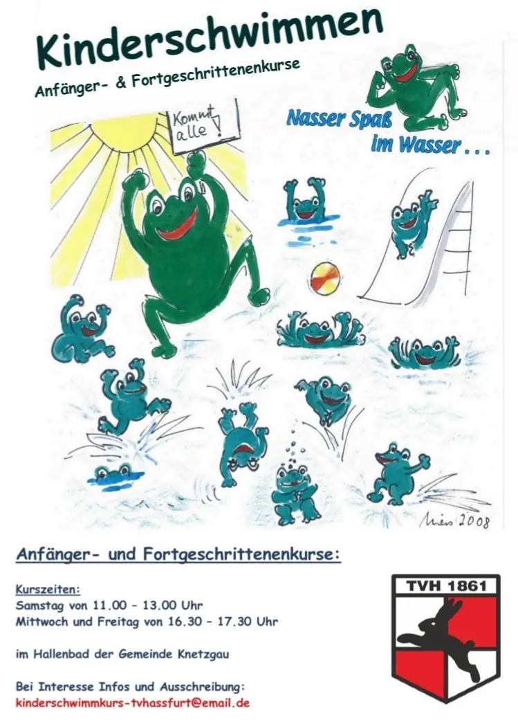 Flyer Kinderschwimmen: Anfänger- und Fortgeschrittenenkurse, Samstag 11 bis 13 Uhr, Mittwoch und Freitag 16:30 bis 17:30 Uhr im Hallenbad der Gemeinde Knetzgau