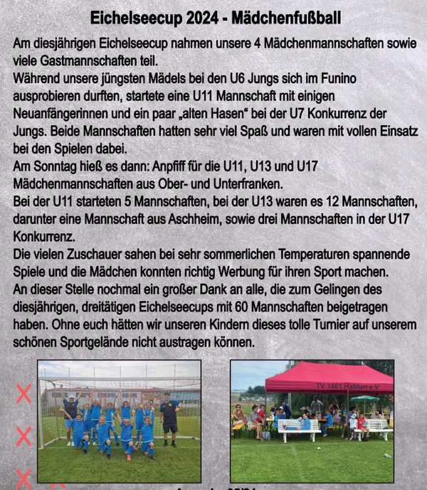 Bericht zum Mädchenfußball beim Eichelsee-Cup 2024 mit zwei Mannschaftsfotos