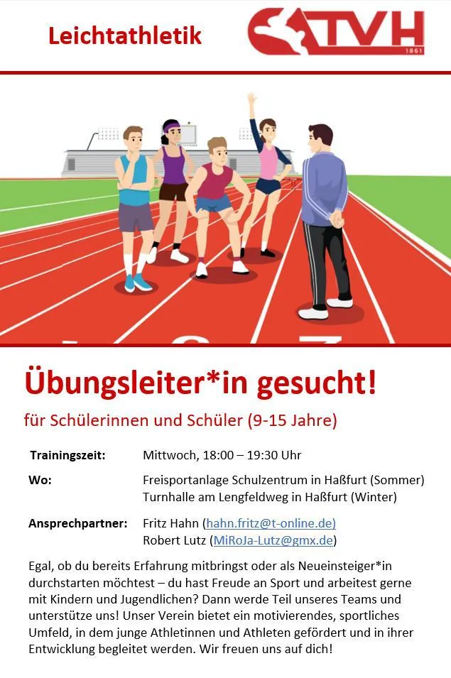 Aushang: Die Leichtathletik-Abteilung sucht Übungsleiter für 9- bis 15-Jährige