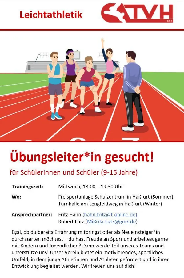 Aushang: Die Leichtathletik-Abteilung sucht Übungsleiter für 9- bis 15-Jährige